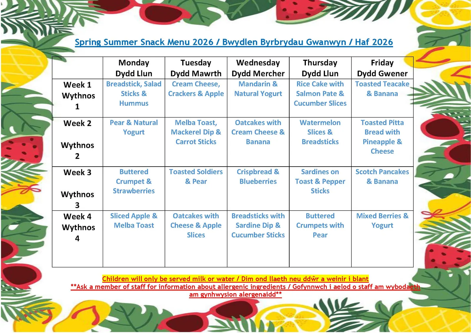 Our Spring and Summer 2026 snack menu, a four-week rotating menu